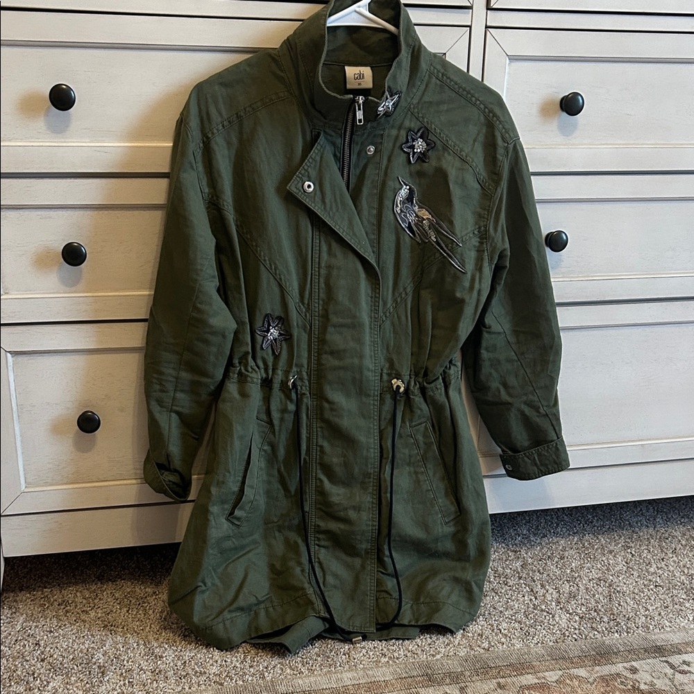 CAbi Dark Green Utility Jacket with Bird Embroidery